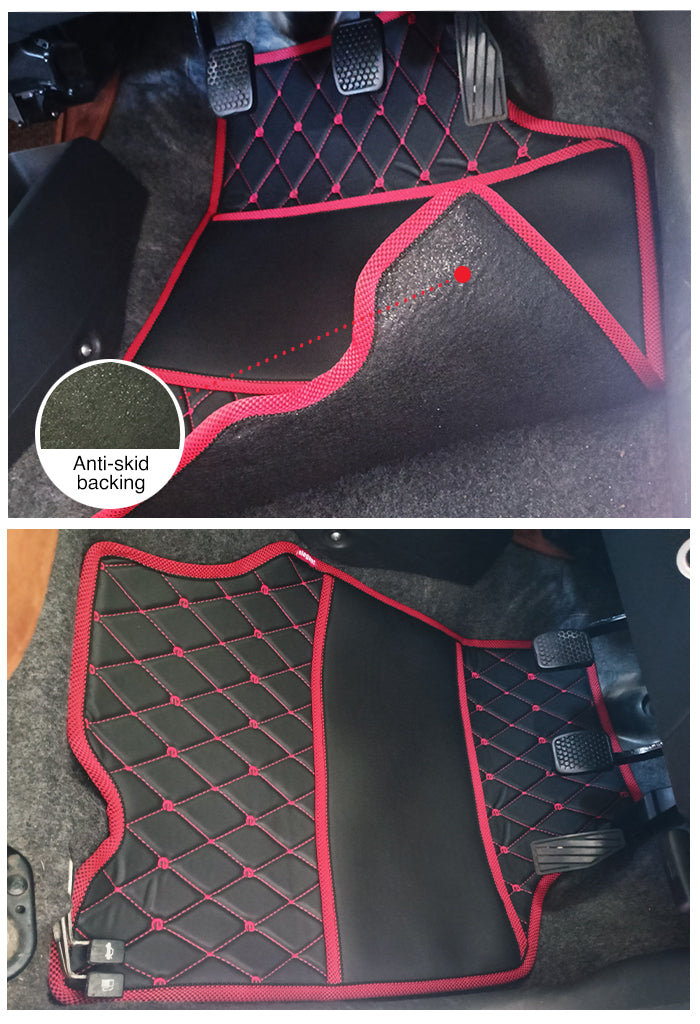 Elegant Luxury Leatherette Car Floor Mat Black and Red Compatible With Toyota Fortuner 2016 Onwards