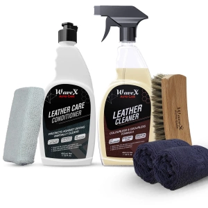 Wavex Leather Care Kit Includes Leather Cleaner 650 ml + Leather Conditioner 650 ml + Wavex Premium Horse Hair Brush + Microfiber Cloth 40x40cm + Foam Applicator