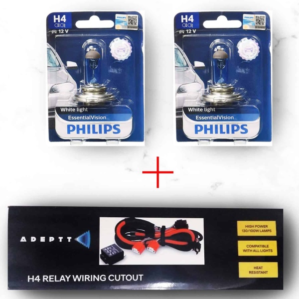 Philips 12569evb1 H4 White Light Essential Vision Headlight - 12v, 100/90w - Set Of 2 and H4 Relay Wiring Cutout