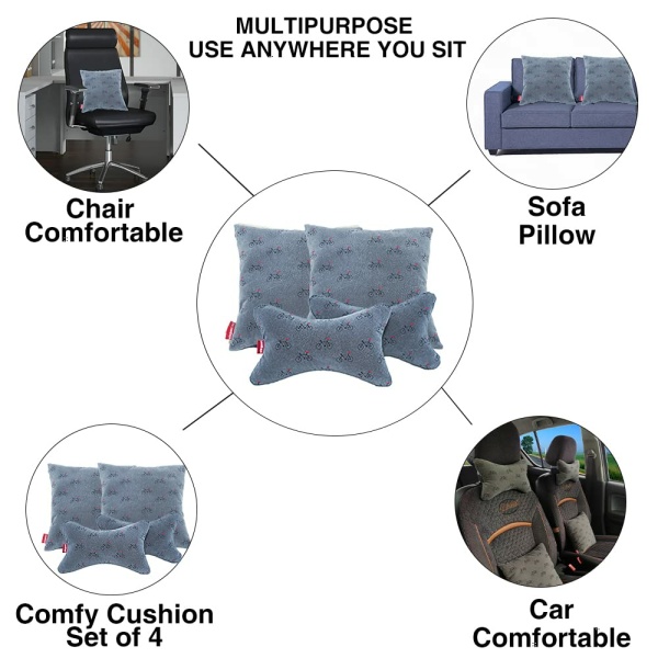 Elegant Car Comfy Pillow And Neck Rest Grey Cycle Set of 4 Design CU02