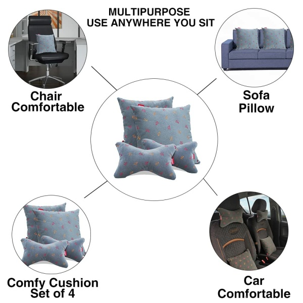 Elegant Car Comfy Pillow And Neck Rest Grey Fly Set of 4 Design CU08