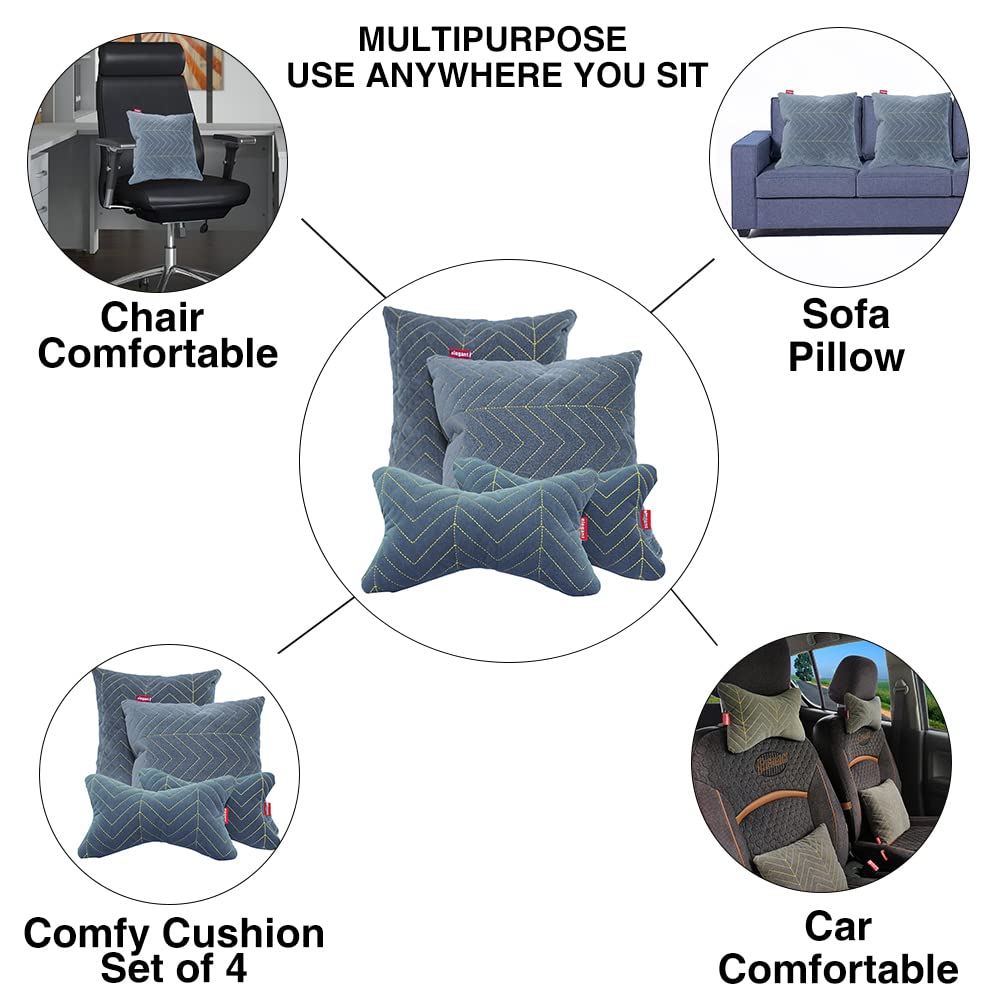 Elegant Car Comfy Pillow And Neck Rest Grey Line Set of 4 Design CU09