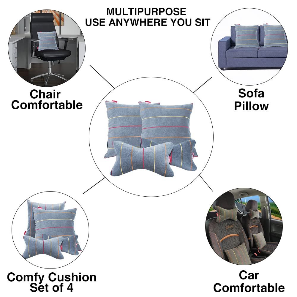 Elegant Car Comfy Pillow And Neck Rest Grey Liner Set of 4 Design CU06