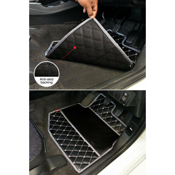 Elegant Luxury Leatherette Car Floor Mat Black and White Compatible With Skoda Kushaq