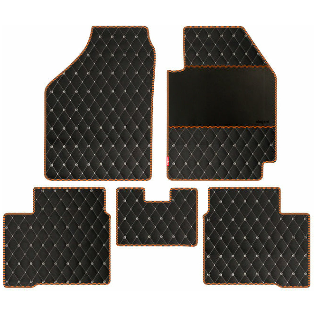 Elegant Luxury Leatherette Car Floor Mat Black and Orange Compatible With Skoda Kushaq