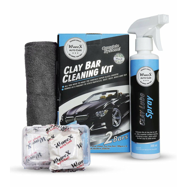 WaveX Contamination Removal 2 Clay Bar of 100grm each with 1 350ml Lubricant Spray and 1 Microfiber Cloth for removing rust and foreign particles from paint and glass