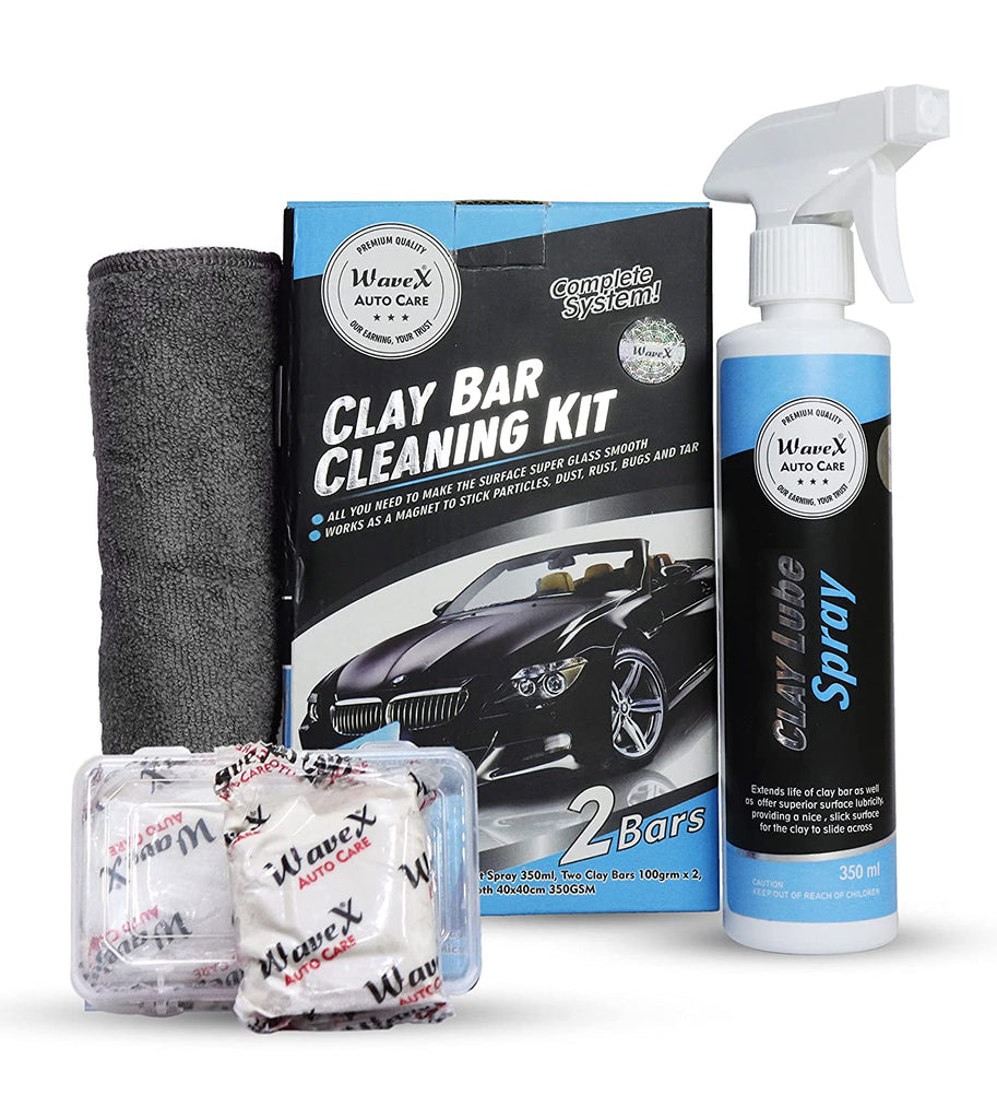 WaveX Contamination Removal 2 Clay Bar of 100grm each with 1 350ml Lubricant Spray and 1 Microfiber Cloth for removing rust and foreign particles from paint and glass