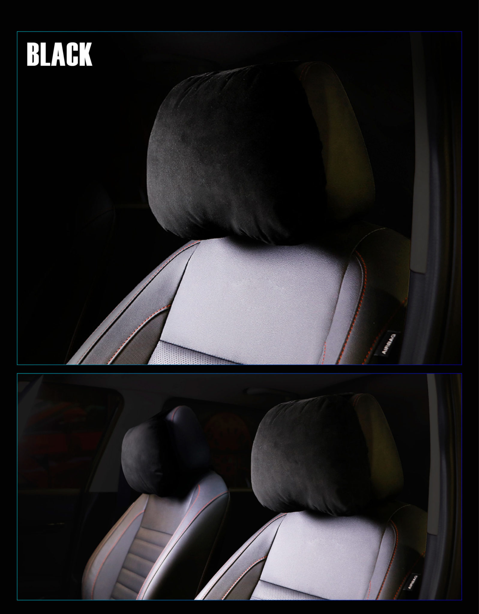 Black Car Headrest Neck Pillows Travel Cushion PU Leather & Memory