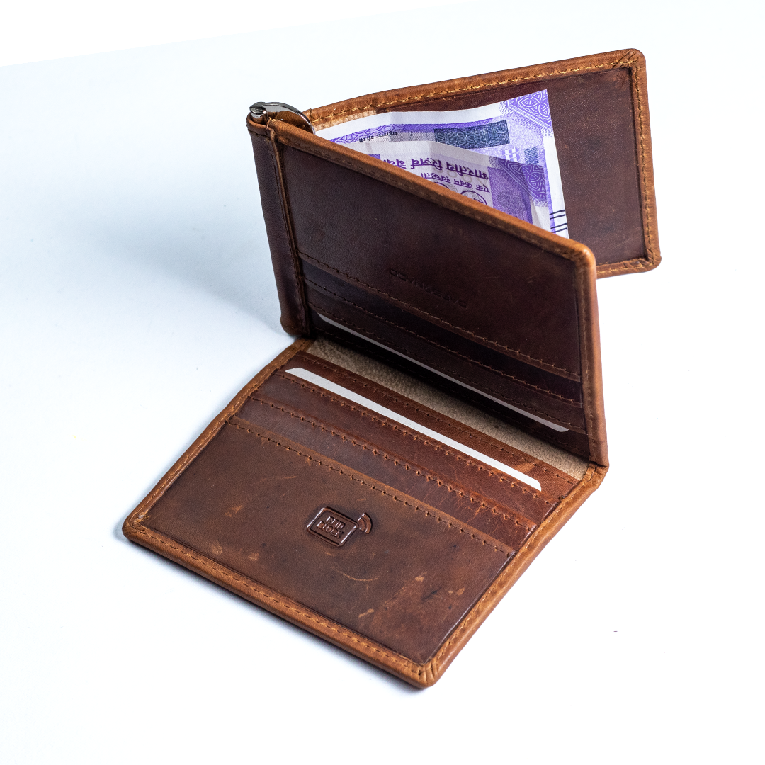 Carbonado Leather Brown Tri-Fold Money Clip Wallet