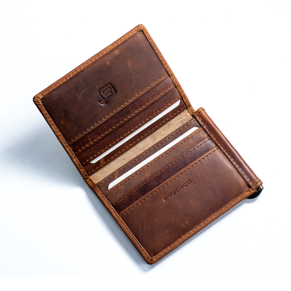 Carbonado Leather Brown Tri-Fold Money Clip Wallet