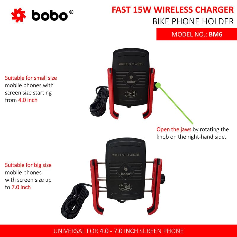 BOBO Jaw-Grip Mobile Holder with Fast 15W Wireless Charger - BM6 Red