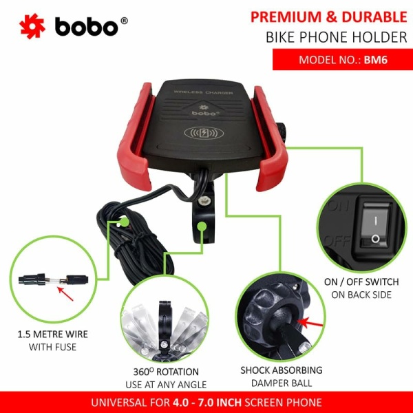 BOBO Jaw-Grip Mobile Holder with Fast 15W Wireless Charger - BM6 Red