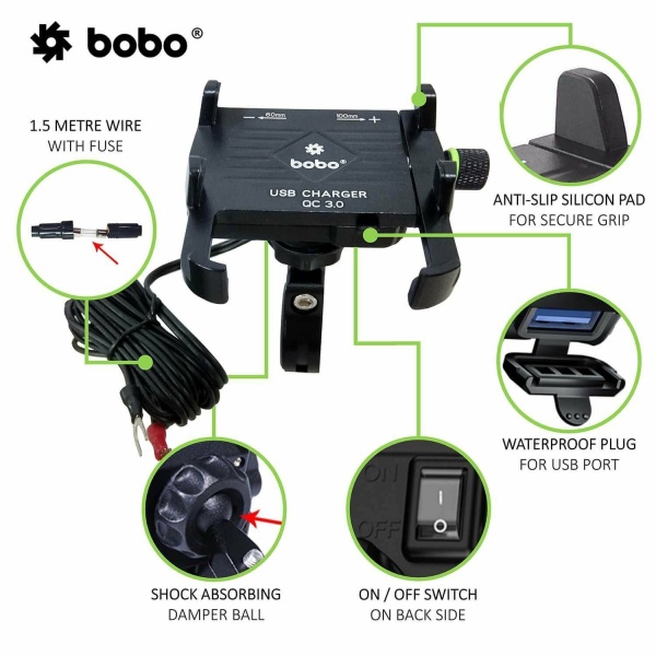 BOBO Claw Grip Mobile Holder BM5 Black (with fast USB 3.0 charger)