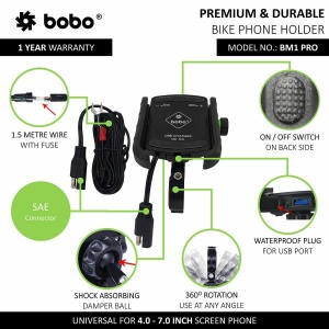 BOBO Jaw Grip Mobile Holder BM1 Pro (with fast USB 3.0 charger, SAE connector & Fast USB Cable)